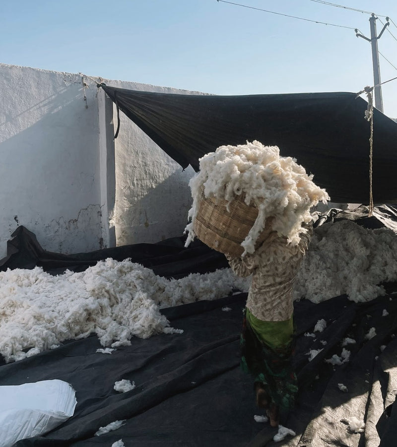 Raw cotton being carried in a basket by a worker outside